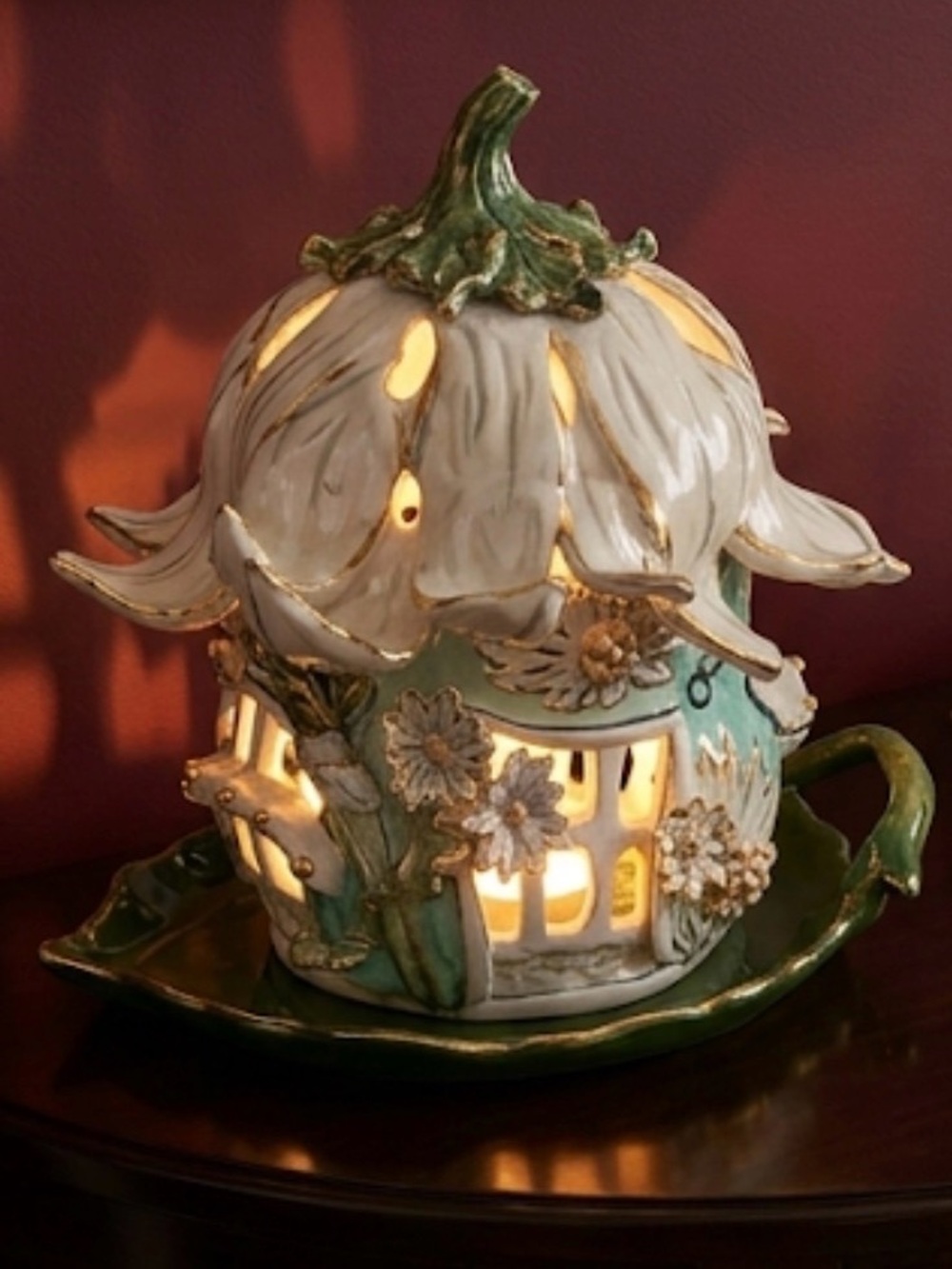 Hand-Painted Floral Fairy Cottage Tea Candle Holder & Gold Gilt Accents & plate